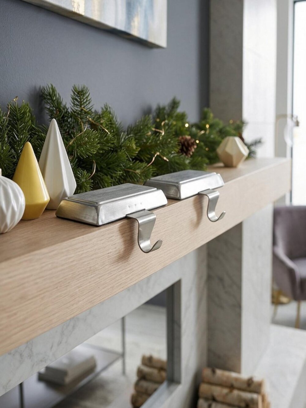 Silver Metal Stocking Holder Set of 2 Modern Christmas Mantel Decor